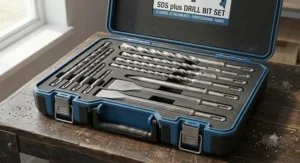 Selection of SDS plus drill bits and chisel attachments arranged inside a heavy-duty tool storage case.