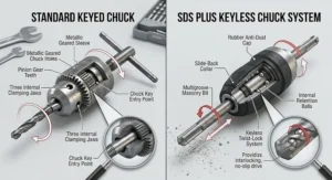 Comparison diagram showing the mechanism of a standard keyed chuck next to an SDS plus drill keyless chuck system.