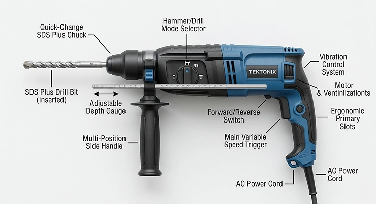 Diagram illustrating the key features of an SDS plus drill, including the multi-position side handle, depth gauge, and quick-change chuck.
