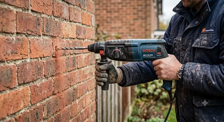 A compact SDS Plus rotary hammer drill being used to drill a hole into a domestic brick wall in the UK. SDS plus vs SDS max