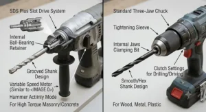 Comparison illustration demonstrating the slot drive system of an SDS Plus bit alongside a standard three-jaw keyless chuck.