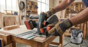 Close-up showing fine cutting depth adjustment controls on a professional cordless track saw