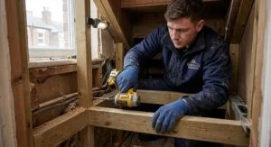 British tradesperson using a compact impact driver to fasten timber studwork inside a tight cupboard space