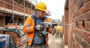 Illustration of a British tradesperson using an 18V cordless SDS drill to bore holes into red brickwork on a building site.