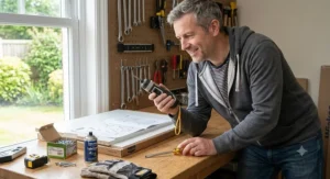 An illustration of a British homeowner choosing between a manual screwdriver and an electric screwdriver for a weekend home improvement project.