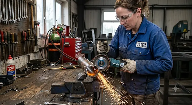 Tradesperson using a 125mm angle grinder to cut through a metal pipe in a UK workshop