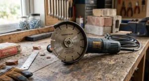 Diamond blade fitted onto a 125mm angle grinder designed for cutting masonry and brick