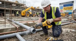18V lithium-ion battery cordless reciprocating saw cutting pipework on a UK construction site.