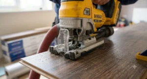 Close-up of an anti-splinter guard attached to a cordless jigsaw soleplate on laminate flooring.