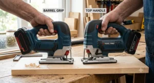 Comparison between a barrel-grip cordless jigsaw and a traditional top-handle model