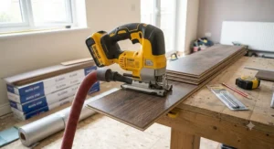 An 18V battery powered cordless jigsaw resting on a portable workbench with laminate floorboards.