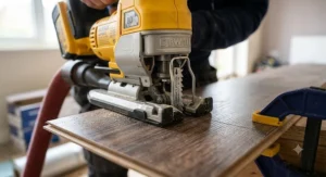 Close-up of a reverse tooth blade fitted in a cordless jigsaw for splinter-free laminate flooring cuts.