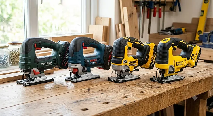 Selection of the best cordless jigsaws side by side on a timber workbench