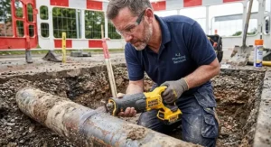 Trade professional cutting through a thick steel water pipe with a compact cordless reciprocating saw.