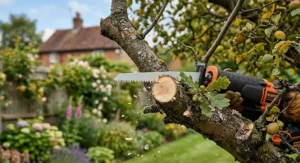 Close-up of a coarse-toothed pruning blade cutting cleanly through a thick oak branch with a reciprocating saw