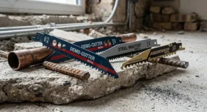 Close-up of specialised bimetal sabre saw blades designed for cutting through metal pipes and rebar during strip-outs.