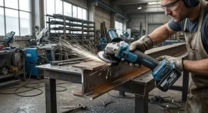 Brushless cordless angle grinder grinding a structural steel beam in a workshop