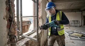 Contractor removing window frames during a commercial building strip-out using a high-torque sabre saw.