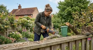 Using a reciprocating saw to chop fallen storm-damaged tree branches into manageable logs for garden waste disposal