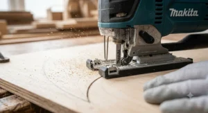 Close-up view of a jigsaw blade cutting a tight wooden curve with pendulum orbital setting engaged.