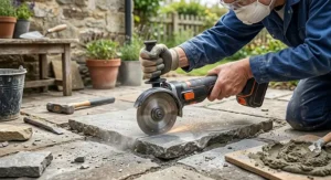 Compact cordless angle grinder being used for DIY stone cutting during patio repairs