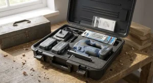 Illustration of a compact cordless jigsaw stored in a hard carry case alongside spare batteries and charger