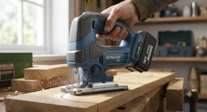 Illustration showing a compact cordless jigsaw cutting precise curves into a piece of timber