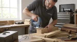 Illustration of a woodworker in a workshop using a compact cordless jigsaw for intricate timber joinery