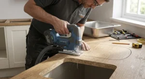 Illustration of a tradesperson using a compact cordless jigsaw to cut a sink opening in a kitchen worktop