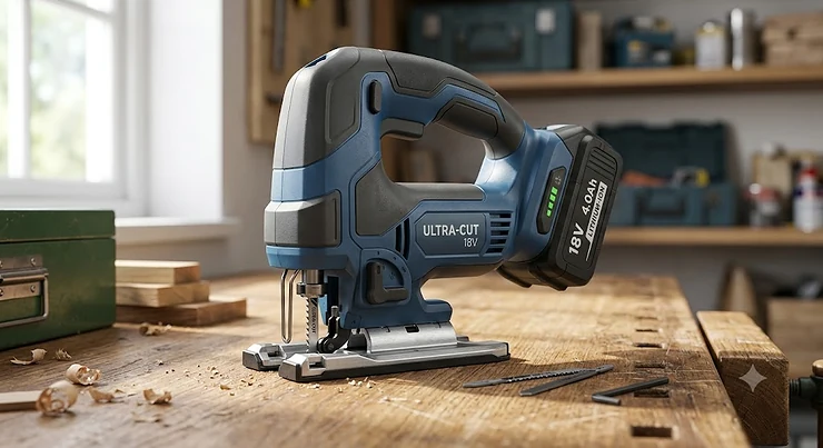 Illustration of a compact cordless jigsaw powered by an 18V lithium-ion battery on a wooden workbench
