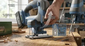Diagram of a compact cordless jigsaw tool-free blade change mechanism with a T-shank jigsaw blade