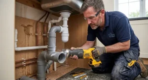 Cutting a plastic soil and waste pipe beneath a sink using a one-handed cordless reciprocating saw.