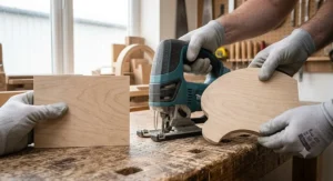 Comparison of clean straight cuts and intricate curved cuts achieved with a pendulum jigsaw tool.