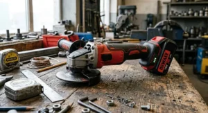 Cordless 125mm angle grinder with an attached 18V lithium-ion battery pack