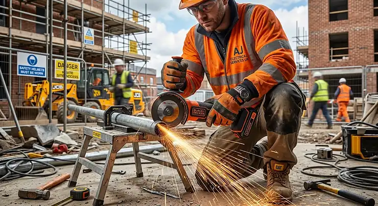 Tradesperson using a cordless angle grinder to cut a metal pipe on a UK building site