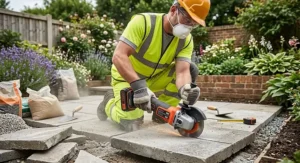 Landscaper cutting concrete paving slabs with a cordless angle grinder in a garden