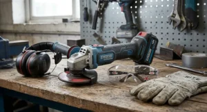 Cordless angle grinder alongside British safety goggles, heavy duty gloves, and ear defenders