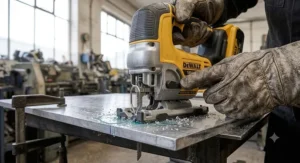A metalworker using a cordless jigsaw for metal cutting on an aluminium plate with cutting fluid.