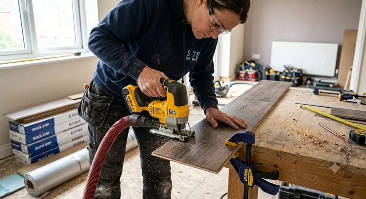 Tradesperson using a cordless jigsaw to make a clean straight cut on a laminate flooring plank.