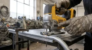 Cutting through galvanised steel conduit pipe using a heavy-duty cordless jigsaw.