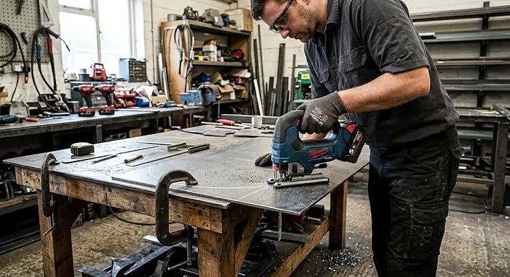 A tradesperson using a cordless jigsaw for metal cutting on a sheet of steel in a workshop.