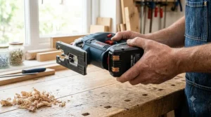 High-capacity lithium-ion battery pack being inserted into a cordless jigsaw