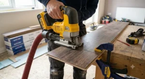 Illustration of a cordless jigsaw cutting an L-shaped notch into a laminate flooring board.