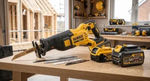Cordless multi-voltage reciprocating saw displayed alongside 18V and 54V dual-voltage lithium-ion battery packs