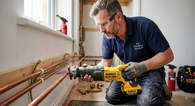 Plumber using a cordless reciprocating saw for pipe cutting on copper central heating pipes.