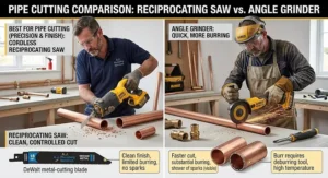 Comparison diagram showing a cordless reciprocating saw for pipe cutting alongside an angle grinder.