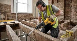 Builder cutting through thick wooden timber joists using a powerful 18V cordless sabre saw during house renovation.