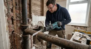 Plumber using a reciprocating sabre saw with carbide blade to cut old cast iron soil pipe during domestic bathroom demolition work.