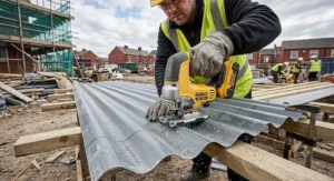 A builder cutting a corrugated metal roofing sheet with a cordless jigsaw on a UK construction site.