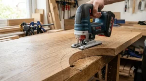 Cordless jigsaw cutting smooth curved lines into a solid oak kitchen worktop